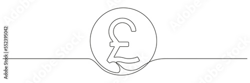 Sterling pound coin continuous one line. British money linear symbol. Vector isolated on white.