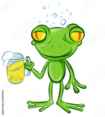 frog cartoon enjoy a glass of beer. isolated on white