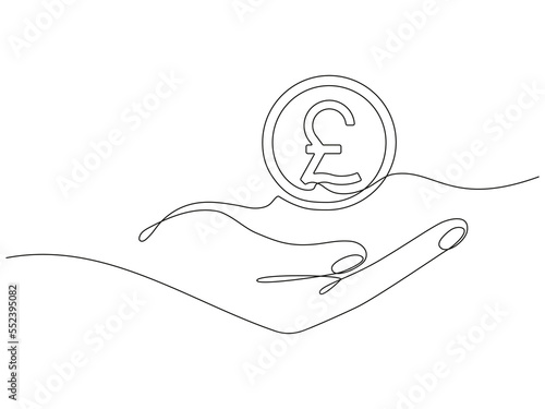 Hand holding coin continuous one line drawing art. Pound sterling linear symbol. Savings money concept. Vector isolated on white.