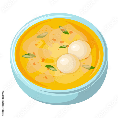 Asian street food on plate. Vector illustration of spicy Chinese and Korean meals. Cartoon top view of bowl isolated on white. Restaurant menu concept