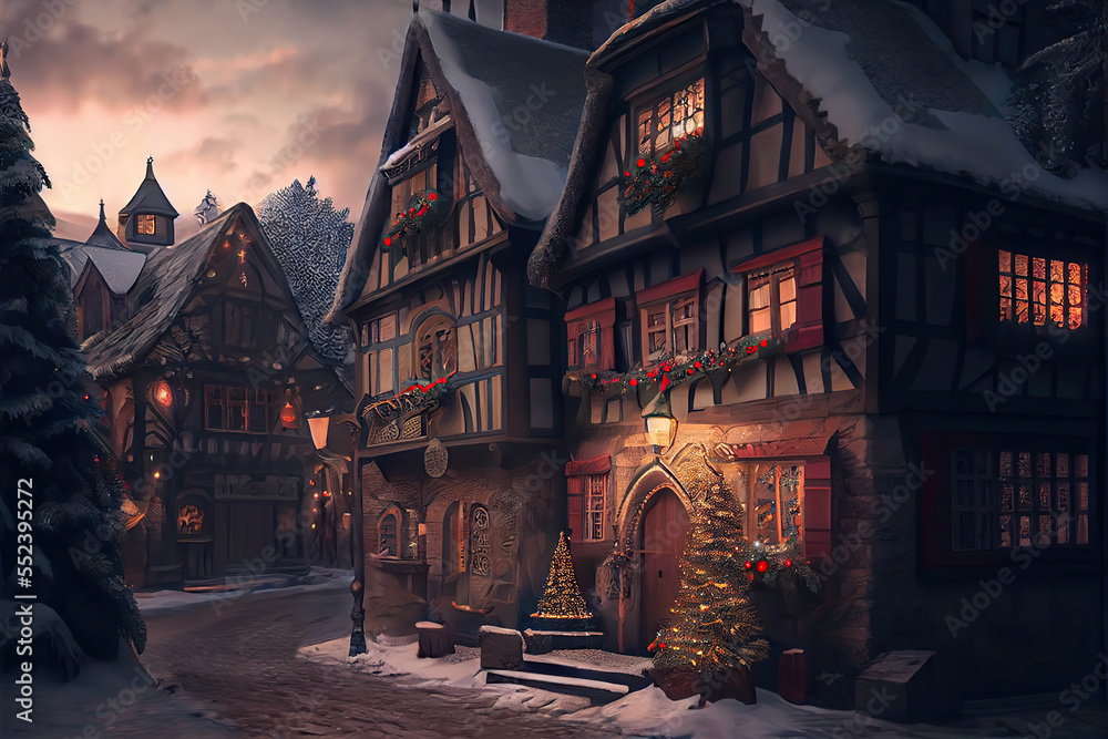 Beautiful houses before Christmas, winter evening, AI generated image