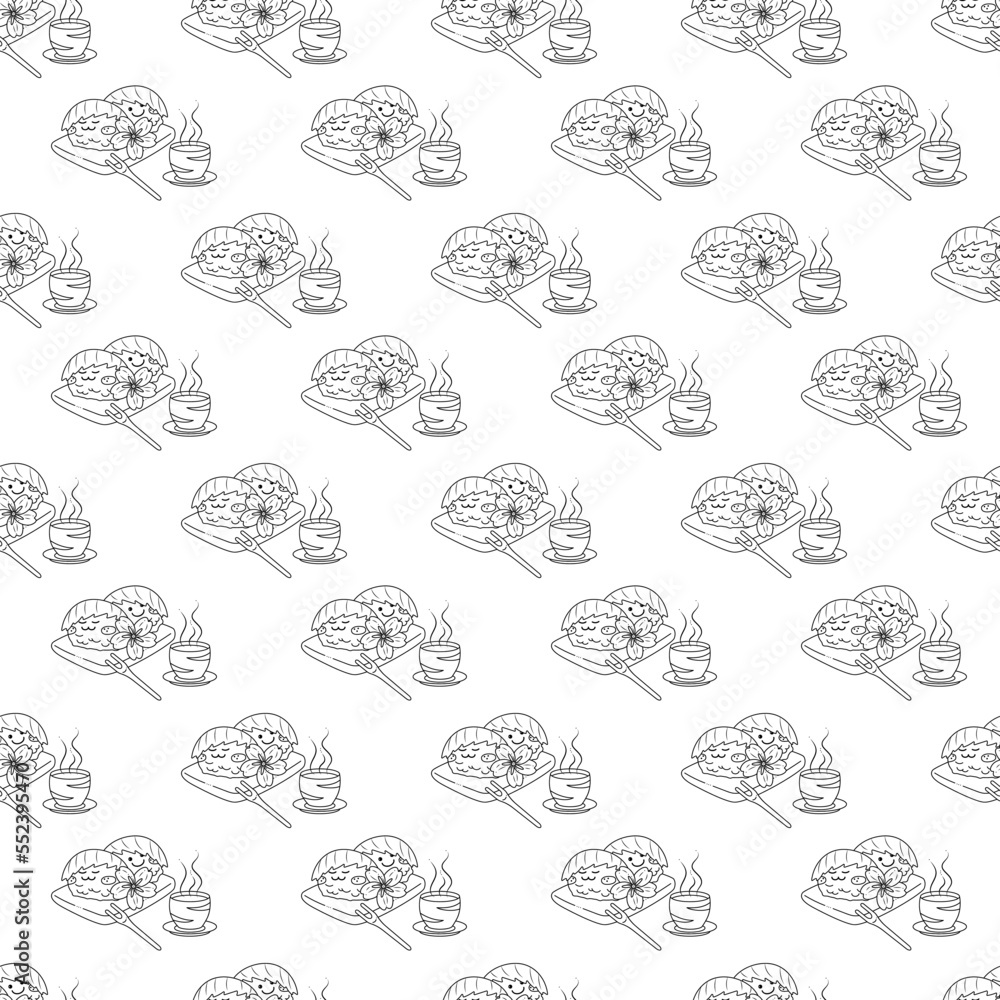Sakura mochi pattern6. Seamless pattern with two cute sakura mochi characters with sakura flower and cup of matcha tea. Doodle cartoon vector illustration. Sakura mochi pattern6. Seamless pattern with two cute sakura mochi characters with sakura flower and cup of matcha tea. Doodle cartoon vector illustration.