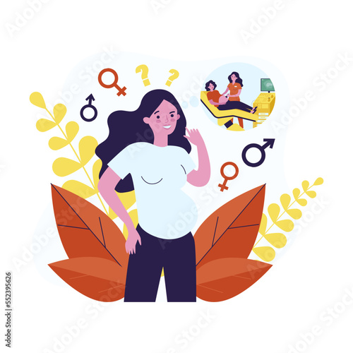 Pregnant woman guessing sex of unborn child. Flat vector illustration. Young mother wondering gender of baby, thinking about ultrasound procedure. Pregnancy, childbirth, motherhood