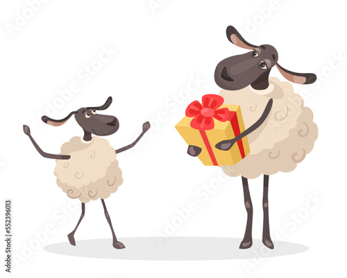 Comic mother sheep giving present to baby vector illustration. Cartoon drawing of little animal character getting gift isolated on white background. Birthday, celebration, family, love concept