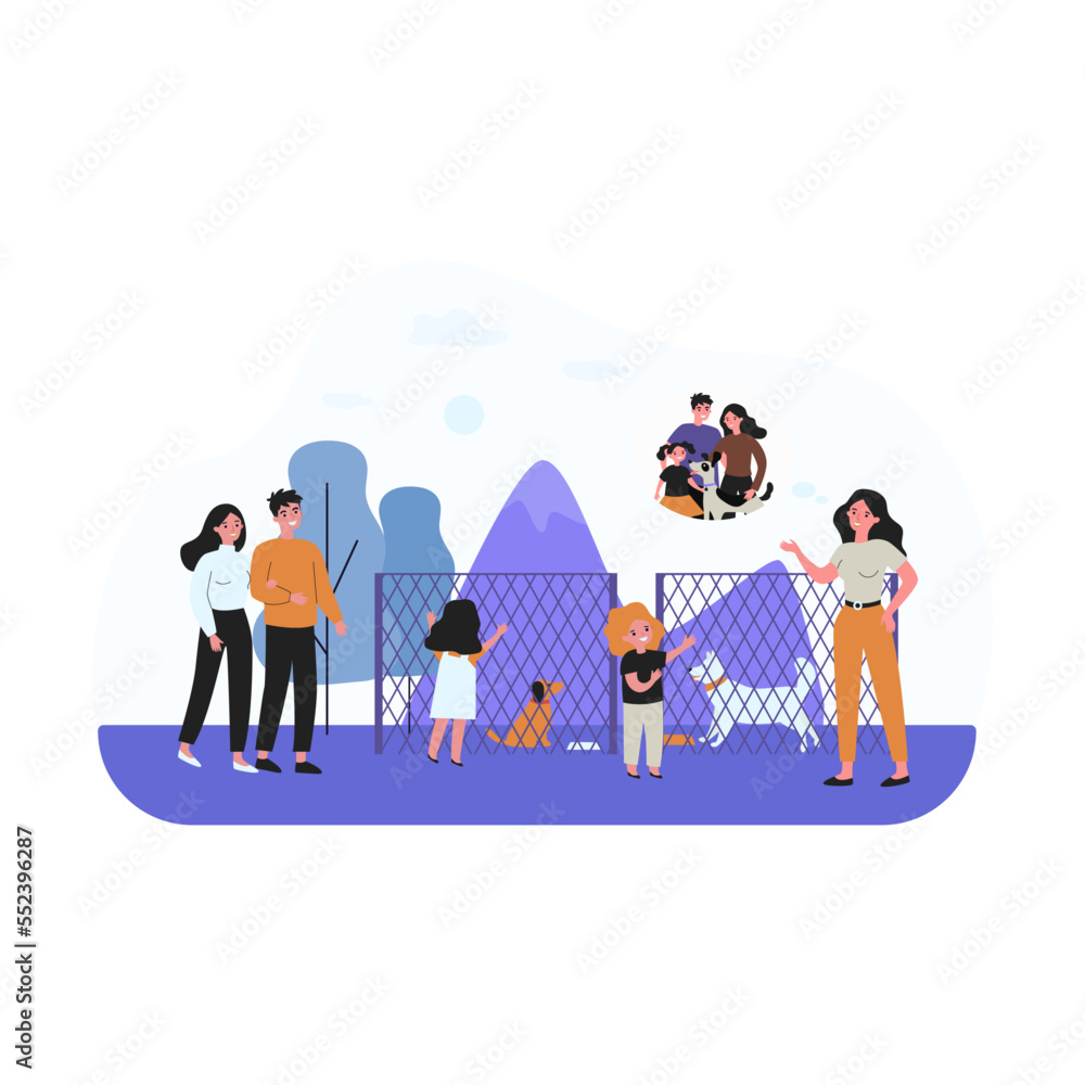 Happy family choosing dog in animal shelter. Fence, friend, mammal flat vector illustration. Pets and animal adoption concept for banner, website design or landing web page Happy family choosing dog in animal shelter. Fence, friend, mammal flat vector illustration. Pets and animal adoption concept for banner, website design or landing web page