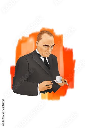 High quality drawing of Atatürk portrait illustration. Ataturk drinks coffee photo