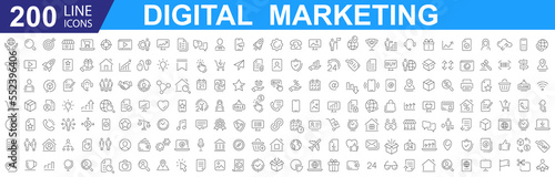 Big set of 200 Digital Marketing web icons. Outline web icons set - Search Engine Optimization. Containing seo, content, website, social media. Communication, marketing, ecommerce. 