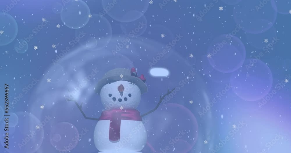 Animation of snow falling over snowman in a snow globe against spots of light on blue background Animation of snow falling over snowman in a snow globe against spots of light on blue background