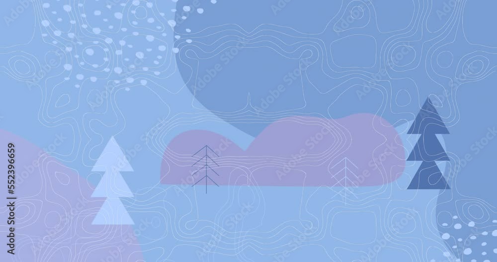 Animation of topography patterns over abstract shapes and christmas tree icons on blue background Animation of topography patterns over abstract shapes and christmas tree icons on blue background