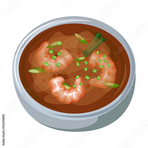 Asian street food on plate. Vector illustration of spicy Chinese and Korean meals. Cartoon top view of bowl with shrimp seafood isolated on white. Restaurant menu concept