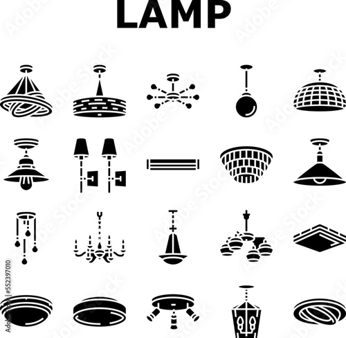 lamp ceiling light interior home icons set vector. room bulb, decor chandelier, wall electric, bright decoration, metal style lamp ceiling light interior home glyph pictogram Illustrations