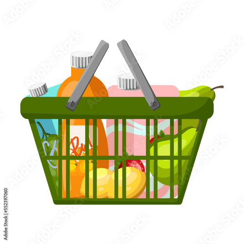Basket of vegetables fruits juice and milk vector illustration. Grocery store, shop, mall or market. Food, grocery shopping concept