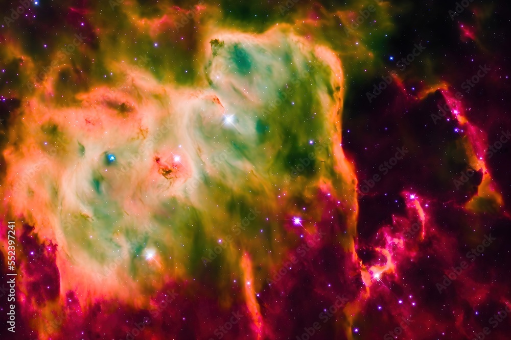 Nebula galaxy background with green purple outer space. Cosmos clouds ...