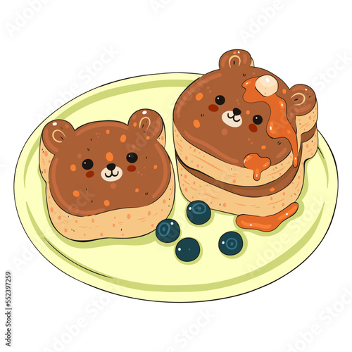 Kawaii Japanese puffy pancakes in the shape of bear faces. Vector graphics.