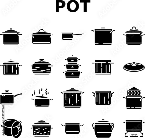 pot kitchen food pan cooking icons set vector. cook soup, saucepan lid, steel chef, kitchenware metal, stove utensil, stainless pot kitchen food pan cooking glyph pictogram Illustrations