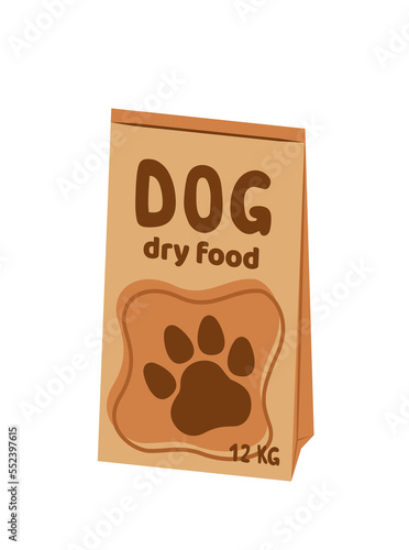 Dry food. Big packet of dog dry food. Cartoon, flat, vector