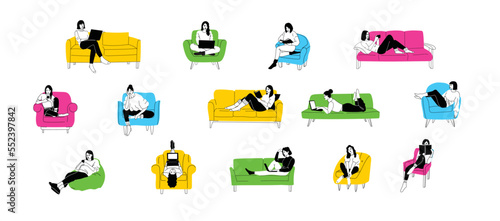 Happy smiling girls sitting on sofas, chairs set. Positive relaxed women relaxing. Joyful characters resting, speaking. Flat graphic vector illustrations isolated on white background