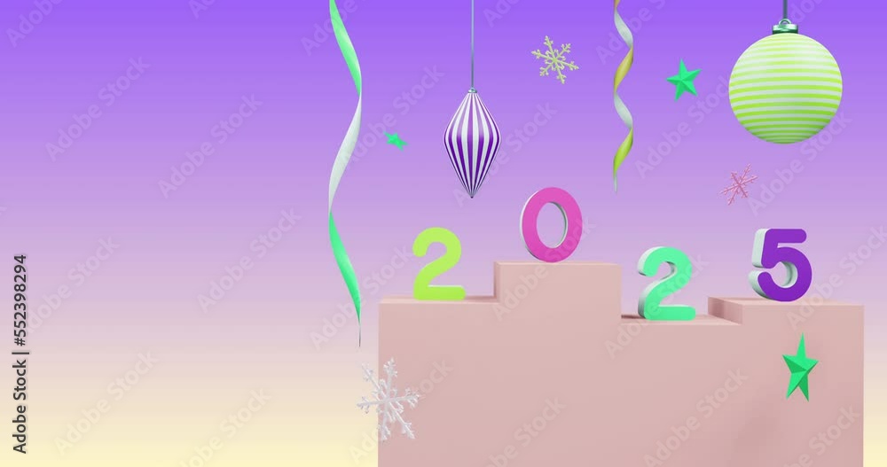 Animation of 2025 number over new year and christmas decorations on purple background Animation of 2025 number over new year and christmas decorations on purple background