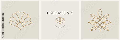 linear set template logo symbols wicth shell and lotus on a nude background