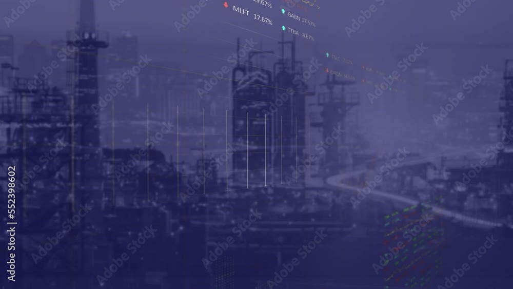 Animation of stock market data processing against aerial view of cityscape Animation of stock market data processing against aerial view of cityscape