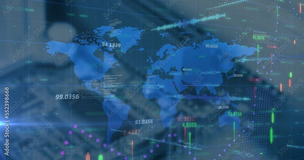 Animation of financial data processing over world map against close up of a computer server Animation of financial data processing over world map against close up of a computer server