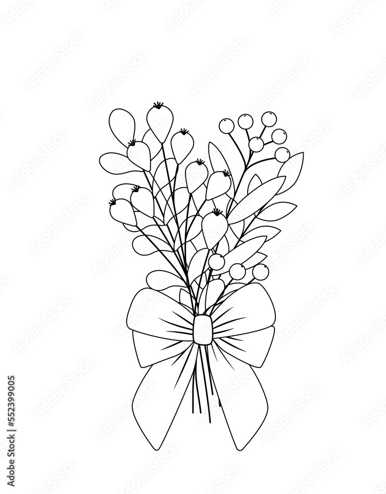 Coloring page. Bouquet of berries and leaves with bow. Black and white. Vector Coloring page. Bouquet of berries and leaves with bow. Black and white. Vector