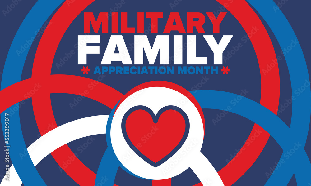Obraz premium National Military Family Month in United States. Celebrate annual in November. Thank you for military family. Patriotic american elements. Poster, card, banner, background. Vector illustration