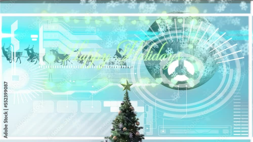 Animation of snow falling over santa claus in sleigh and happy holidays text with data processing Animation of snow falling over santa claus in sleigh and happy holidays text with data processing