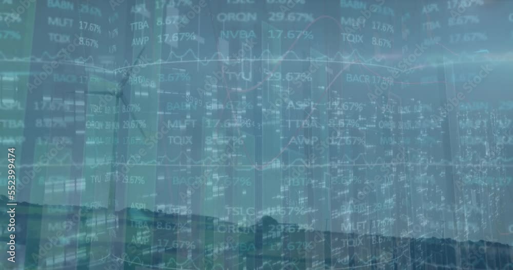 Animation of stock market data processing over screens of mosaic squares against spinning windmills Animation of stock market data processing over screens of mosaic squares against spinning windmills