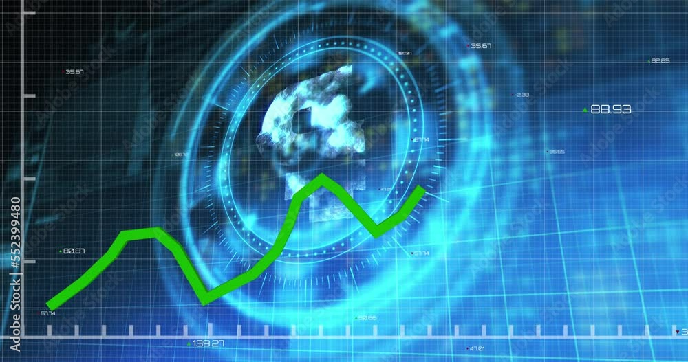 Animation of financial data processing over scope scanning with pound symbol on black background Animation of financial data processing over scope scanning with pound symbol on black background