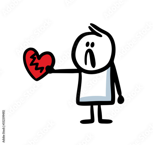 A frustrated man holds a cracked heart in his outstretched hand and suffers from unrequited love.