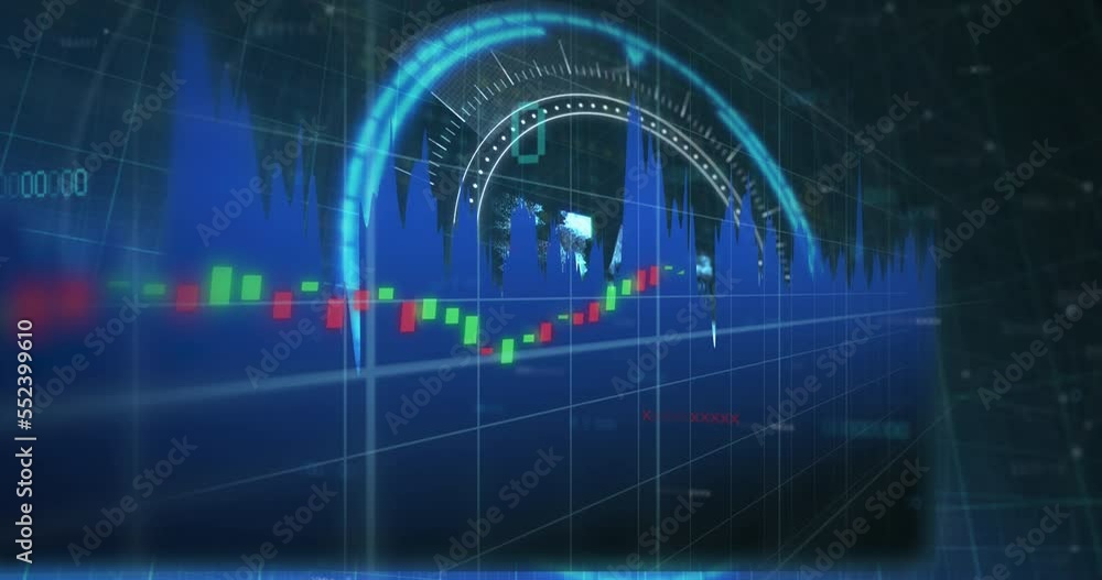 Animation of financial data processing over scope scanning with uah symbol on black background Animation of financial data processing over scope scanning with uah symbol on black background