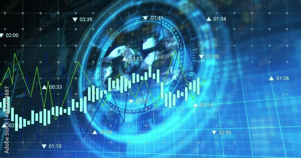 Animation of financial data processing over scope scanning with 5g symbol on black background Animation of financial data processing over scope scanning with 5g symbol on black background