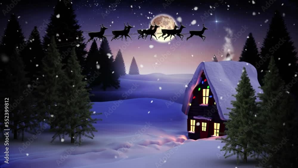 Animation of snow falling over night winter landscape with house and santa sleigh Animation of snow falling over night winter landscape with house and santa sleigh