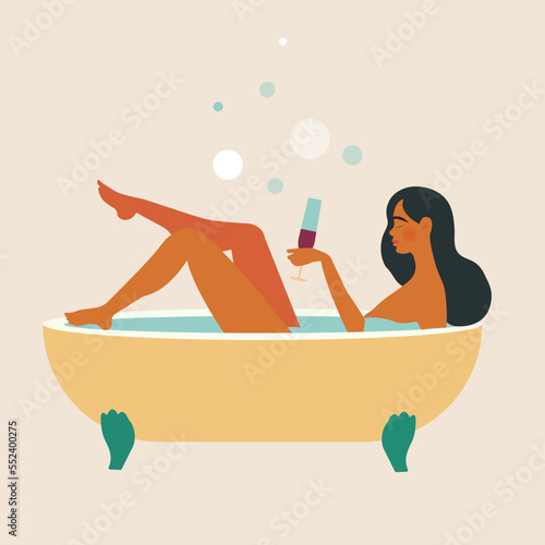 Skincare, pleasure, relaxation at home concept. Young pretty Woman cartoon character taking bath with bubble and drinking cocktail for hygiene and beauty feeling positive vector illustration