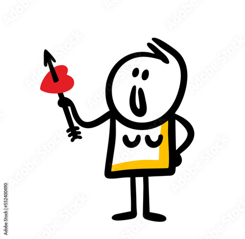 A cunning woman holds an arrow with a pierced heart in her hands and smiles.