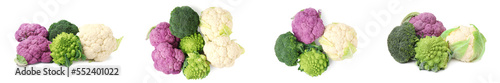 Set with different fresh cabbages on white background