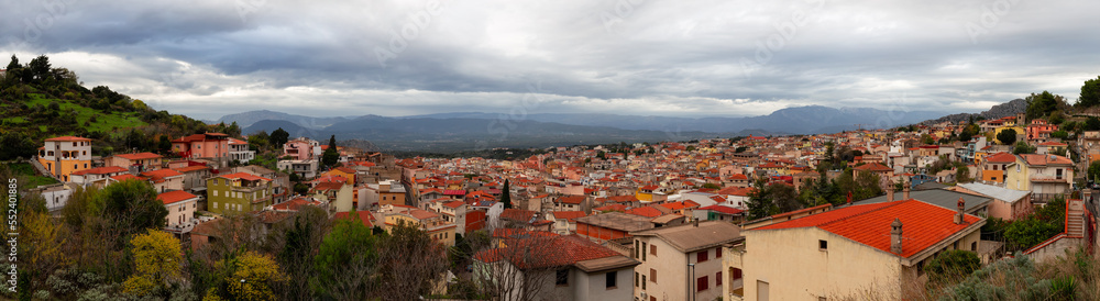 View of small touristic town in the mountains. Dorgali, Sardinia, Italy. Panorama