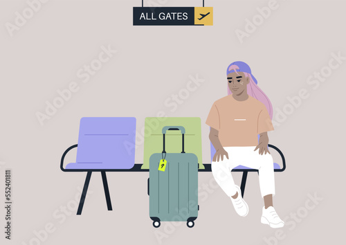 A passenger waiting for departure in the airport lounge with their cabin luggage, all gates sign hanging from the ceiling
