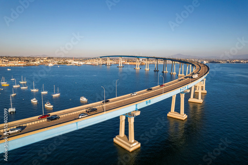 Aerial view of Coronado Bridge in San Diego bay in southern California