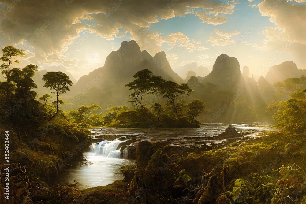 amazonas rainforest, tropical river landscape, fictional landscape created with generative ai - obrazy, fototapety, plakaty 