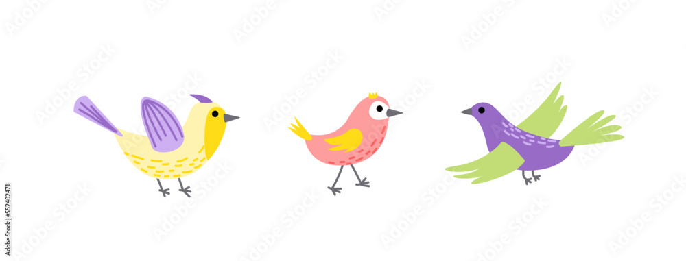 Bird colorful set. Flying bird. Little bird, nestling, chick. Spring, easter. Flat, cartoon, isolated 