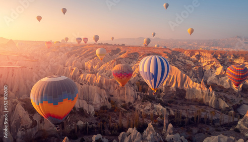 Amazing Panoramic view sunrise rocky landscape in Cappadocia with colorful hot air balloon deep canyons, valleys. Concept banner travel Turkey © Parilov