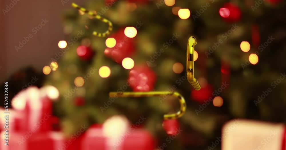 Animation of christmas gold candy canes falling over christmas tree background Animation of christmas gold candy canes falling over christmas tree background