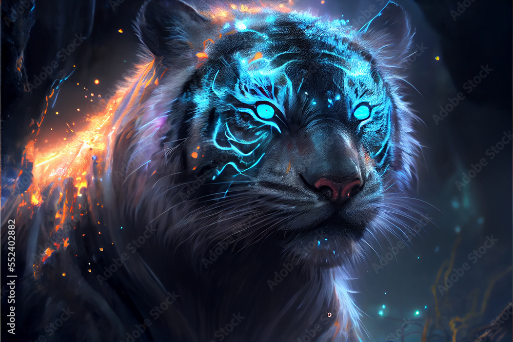Spectral glowing tiger with electricity generative art Spectral glowing tiger with electricity generative art