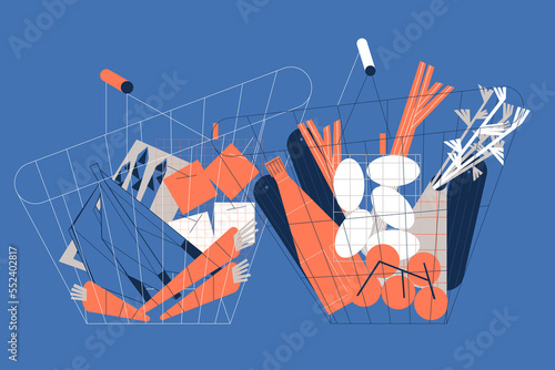 Two supermarket baskets full of healthy and fresh vegetables or food. Healthy lifestyle and nutrition concept.