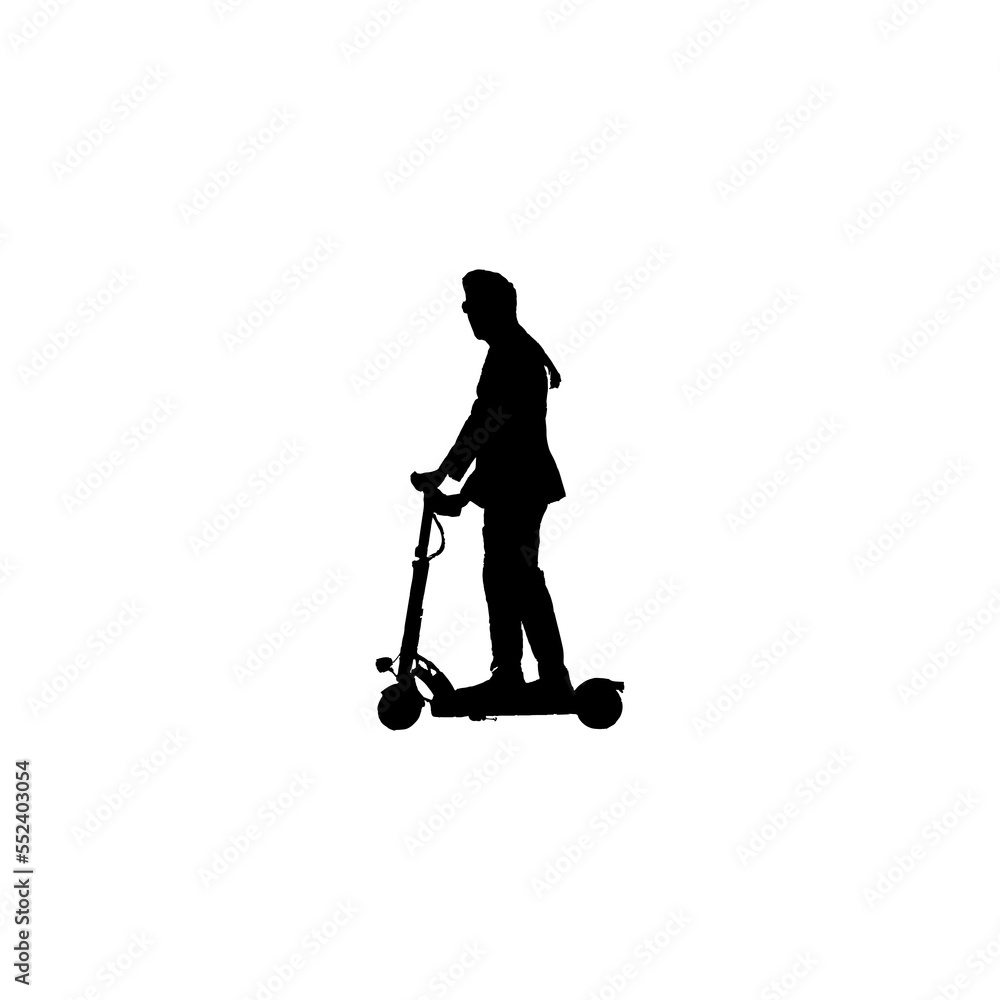 Electric scooter in man icon. Simple style city transport poster background symbol. Electric scooter in man brand logo design element. Electric scooter in man t-shirt printing. vector for sticker.