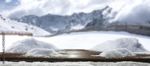 Desk of free space and winter landscape of mountains.  © magdal3na