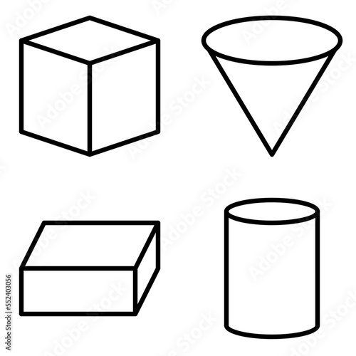 set of geometris shape icon, cube, cylinder, cone and block icon