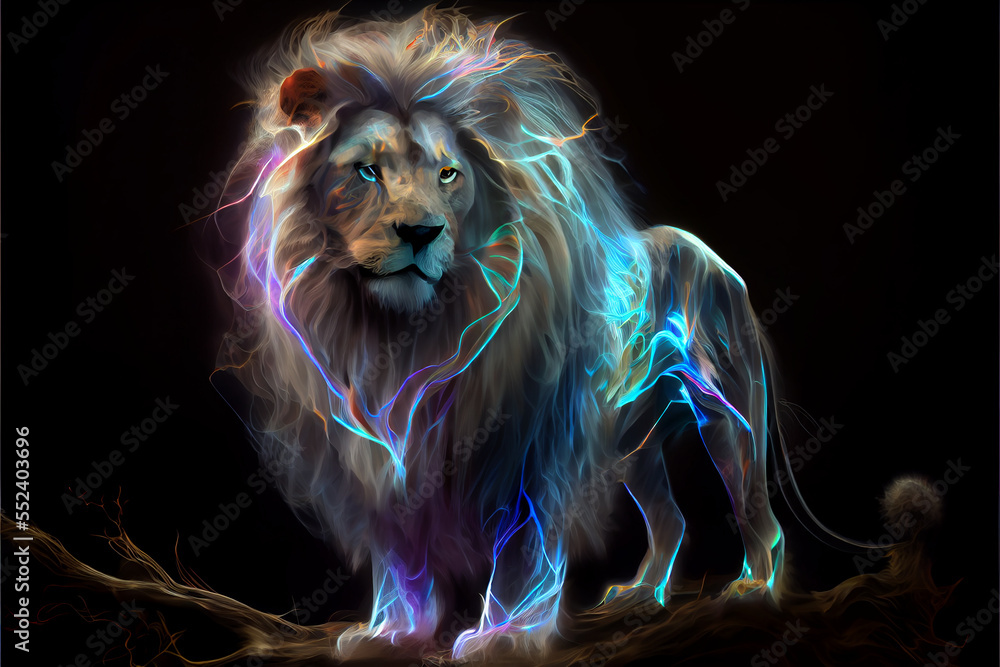 Spectral lion avatar, glowing mane generative art